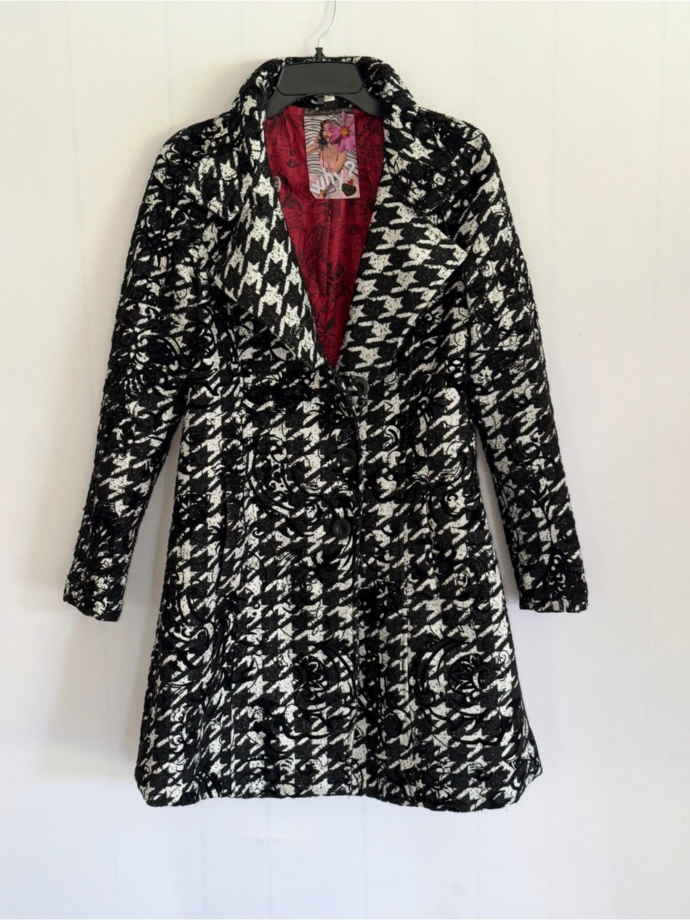 Desigual Black & White Houndstooth Pea Coat with Red Lining